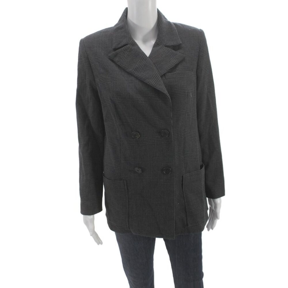Sea New York Women Charcoal Plaid Wool Blazer Collared Button Longsleeve Size M